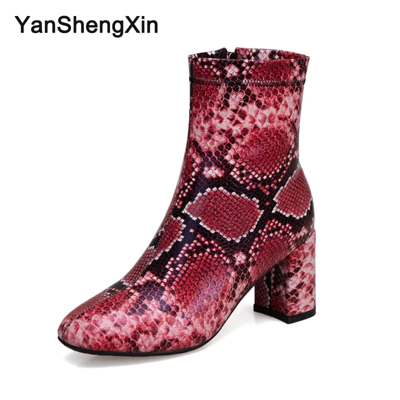 

YANSHENGXIN Shoes Woman Boots Red Blue Snake Mid-calf Boots High Heels Women Shoes Autumn Winter Boots Inner Zip Ladies Booties