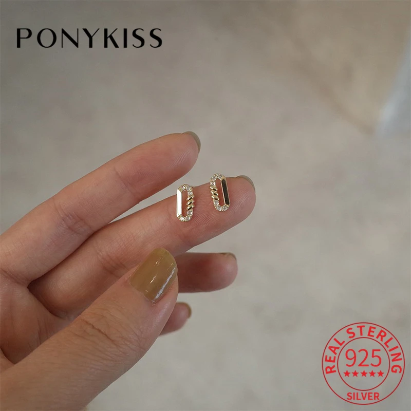 

PONYKISS Trendy 925 Sterling Silver Geometric Twist Zircon 14K Gold Stud Earrings For Women Punk Fine Jewelry Drop Shipping