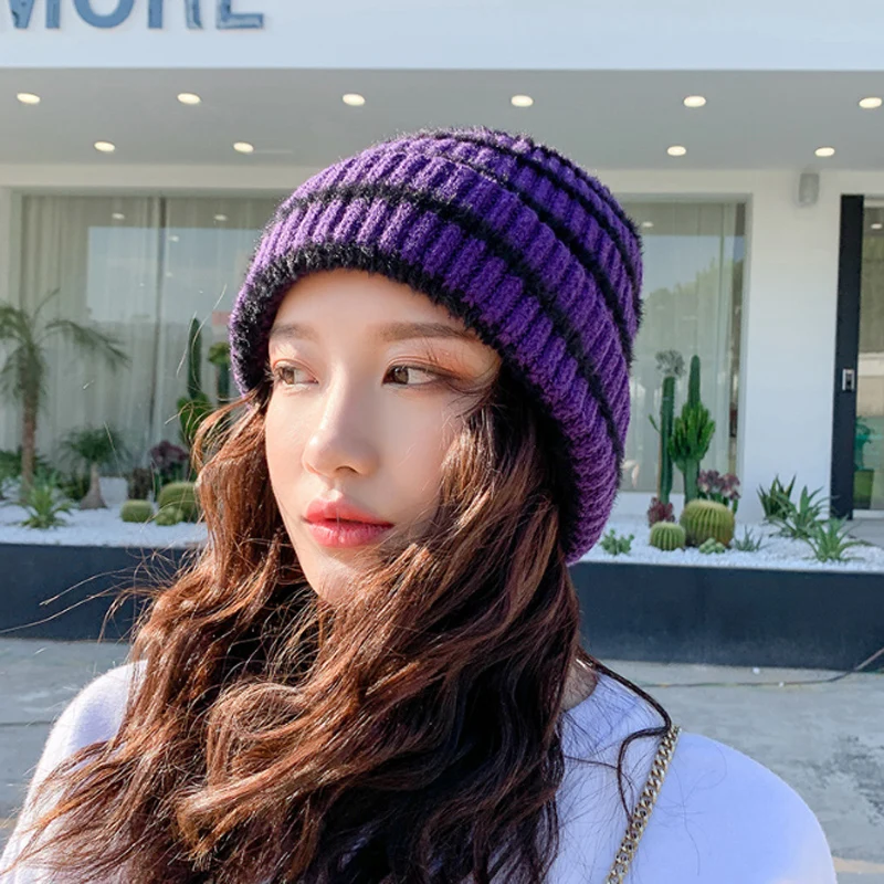 Purple Простая вязанная шапка в полоску для женщин, зимняя шапка Skullies Beanies, теплая шапка Gravity falks, женская шапка - Цвет: Purple
