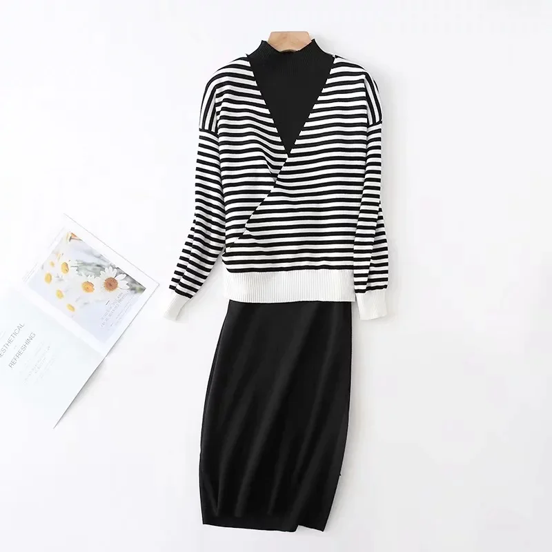 

0098-1169 WOMEN'S Dress New Products Stripes V-neck Knitted Jacket + Knit Tank Dress Set