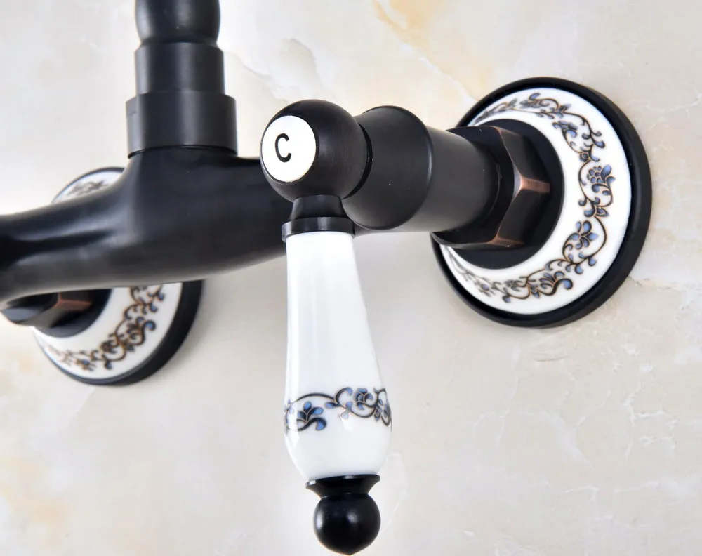 Kitchen Wet Bar Bathroom Vessel Sink Faucet Black Oil Rubbed Brass Wall Mounted Swivel Spout Mixer Tap Dual Ceramic Lever mnf829
