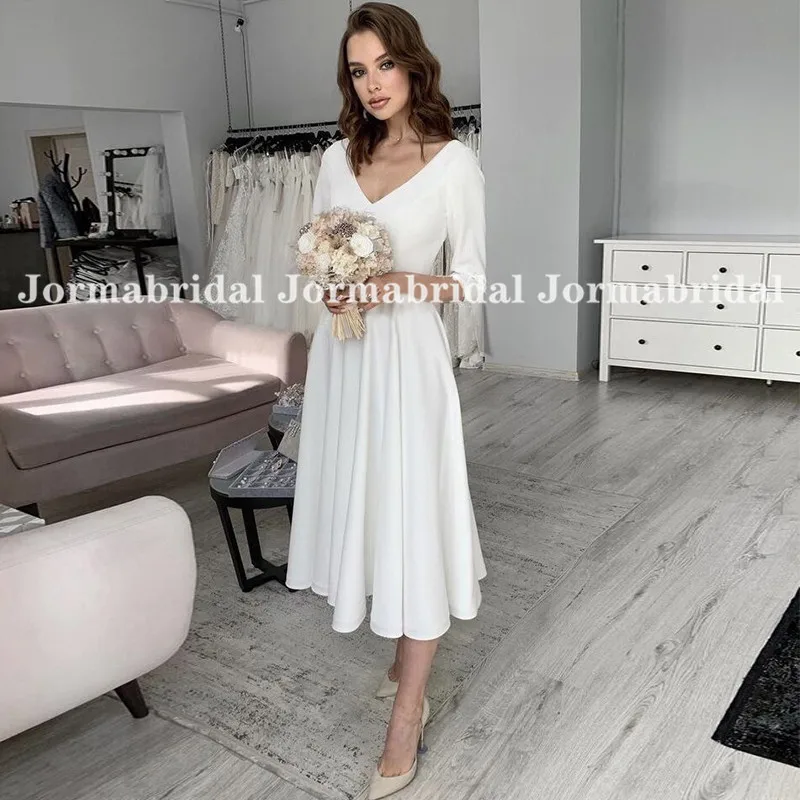 2021 Half Sleeve Short Wedding Dresses Simply V-Neck Satin Tea Length Summer Beach Bridal Dress Backless Russian Bride Gowns | Свадьбы и