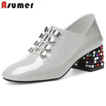 

ASUMER 2020 new arrival women pumps patent leather crystal heel cross tied single shoes spring autumn dress shoes ladies