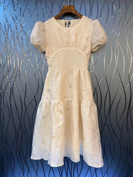 

2020 Spring and Summer New Women's round Neck Back Lace-up Decorative Bubble Short Sleeve Solid Color Dress 630