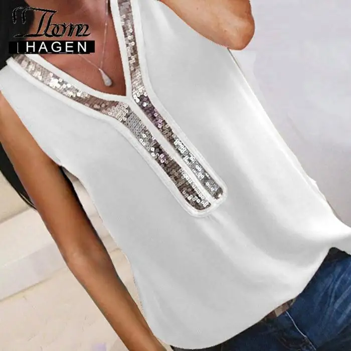 Женская шифоновая блузка с V образным вырезом блестками|Блузки| |