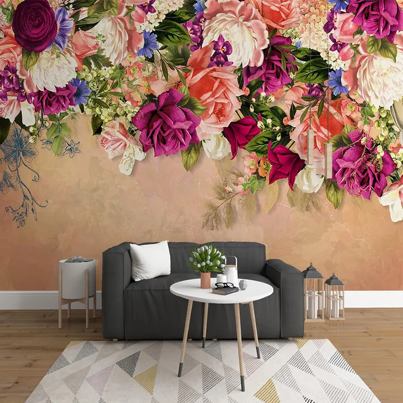 cheap Custom 3D Wall Murals Retro Flower Roses Wall Painting Living Room TV Sofa Bedroom Home Decor Wallpapes Papel De Parede Sala 3 D