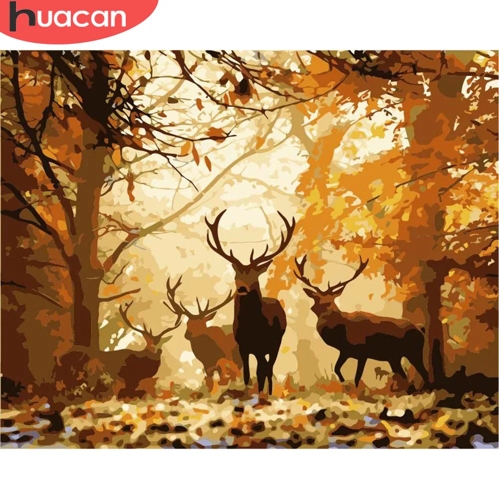 

HUACAN Pictures By Numbers Deer Animal Kits Drawing Canvas HandPainted DIY Oil Painting Autumn Forest Home Decoration Art