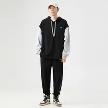 Men's Sports Suit Autumn And Winter New Style Suit Trend Splicing Loose Pullover Hooded Fashion Suit