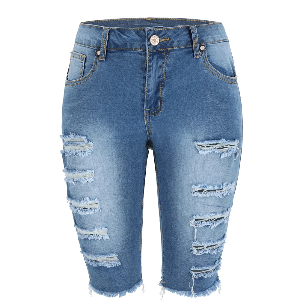 Женская Средняя посадка эластичные джинсовые шорты до колена пышные бермуды стрейч короткие джинсы - Цвет: Blue 2