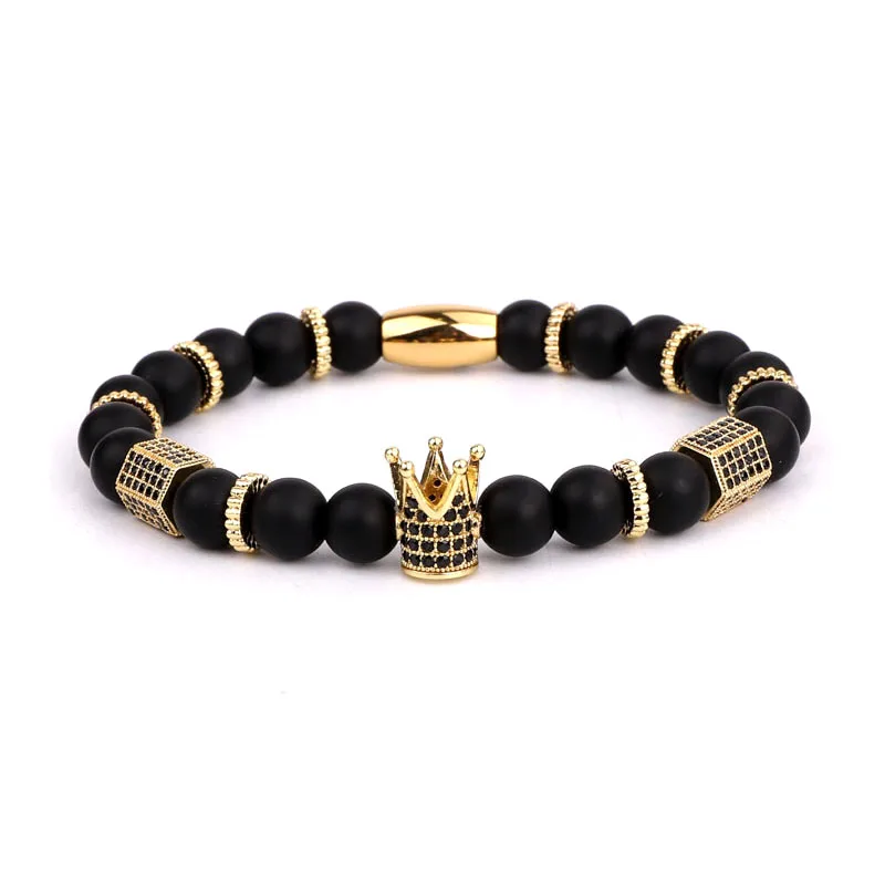 Classic design Cubic Zirconia Crown Charm Natural Stone Beads Elastic Bracelet Men Lady - Image 5