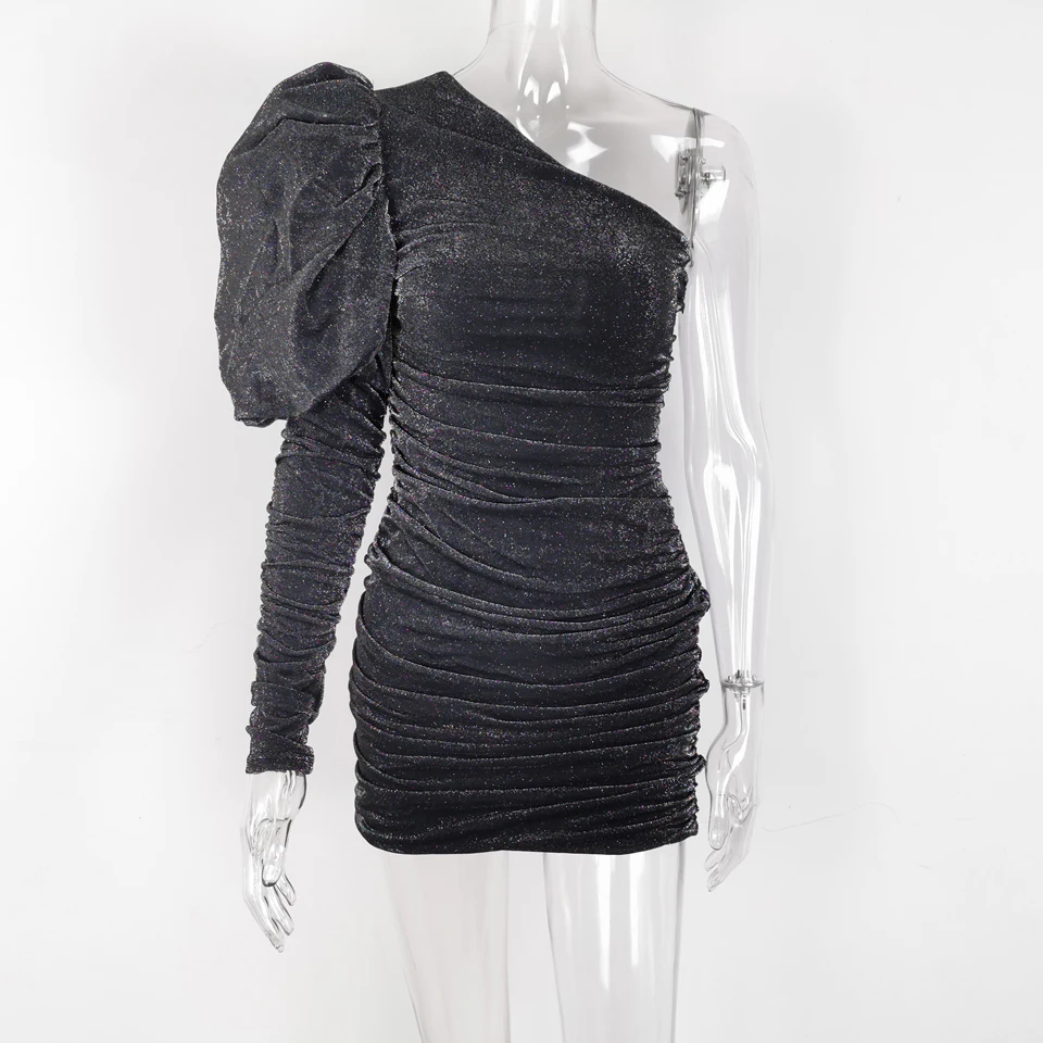 Flash Deals Mg5Id JillPeri Women One Shoulder Puff Sleeve Sparkle Galaxy Mini Dress Sexy Shinny Chic Ruched Celebrity Outfit Stretch Party Dress