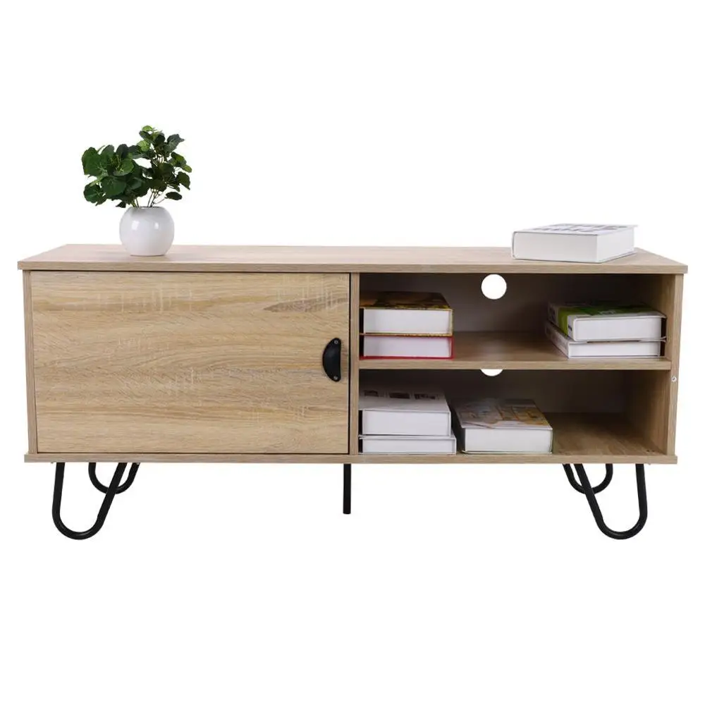 

End Table Tea Table Coffee Table Modern TV Stand TV Console Cabinet with 2 Storage Shelves Door and Metal Hairpin Legs for Home