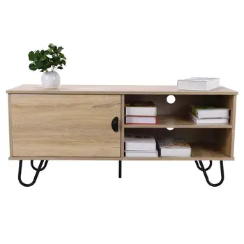 

End Table Tea Table Coffee Table Modern TV Stand TV Console Cabinet with 2 Storage Shelves Door and Metal Hairpin Legs for Home