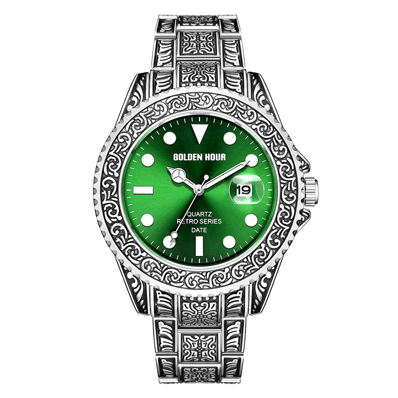 Silver Green Мужские часы Топ люксовый бренд креативные кварцевые часы GOLDENHOUR мужские часы из нержавеющей стали ремешок большие спортивные часы Relogio Masculino - Цвет: Silver Green