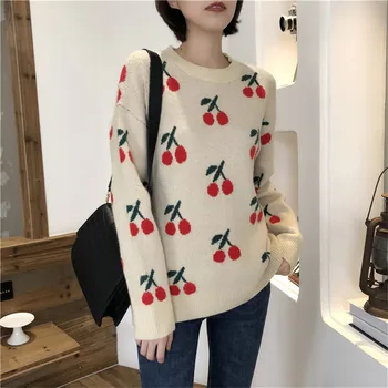 

Hzirip OL Casual Loose Autumn Winter Sweater Women Work Wear Cherry Print Knitted Sweaters Warm Long Sleeve Pullover Knit Tops