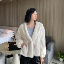 

Real Imported Mink Fur Coats Female Women Natural Whole Fur V Neck Jackets Fashion Drawstring Thick Warm Short Outwear Winter