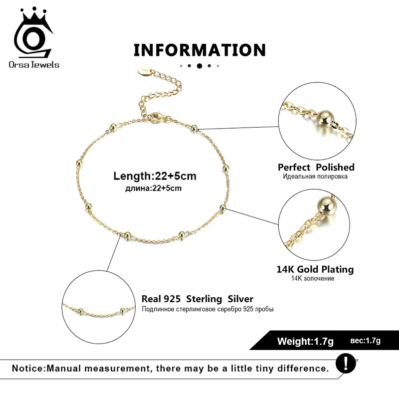 ORSA JEWELS Beads Adjustable Anklets Bracelet 100% 925 Silver Gold Silver Color Girl Women Barefoot Ankle Jewelry Gift SA05