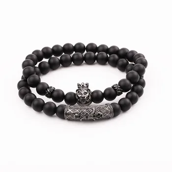 JARAVVI Simple Design CZ Lion Charm Natural Stone Matte Onyx Elastic Bacelet Set Men Jewelry Gift