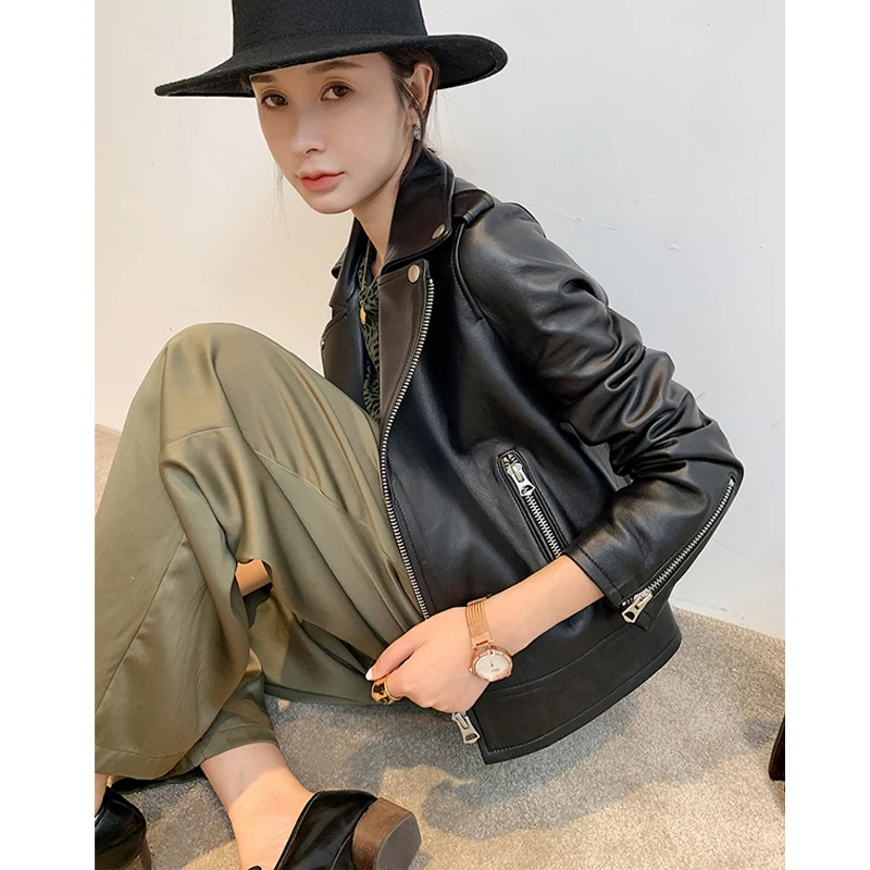 

Genuine Leather Jacket Women 2019 Autumn Real Leather Jacket Motorcycle Biker Jacket Female Natural Sheepskin Leather Coat