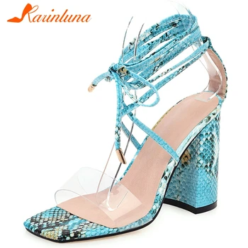 

Karinluna 2020 New Arrivals Plus Size 48 Mix Color Summer Sandals Woman Shoes Chunky High Heels Lace Up INS Shoes Women Sandals