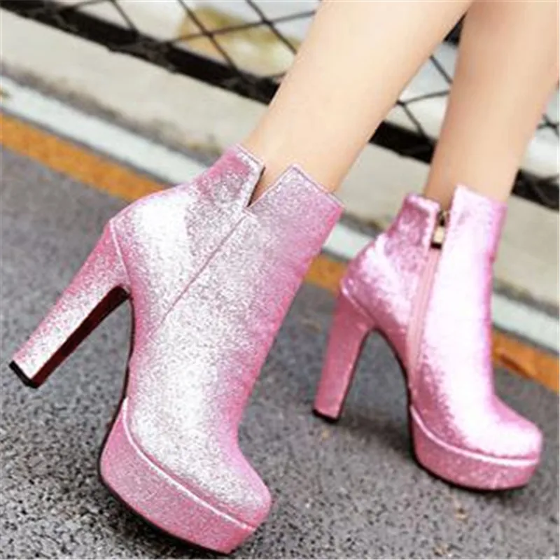 

Glitter Pink Ankle Boots Women Sequin Platform Botas Mujer Zipper Basic Autumn Zapatos De Mujer High Heel Casual Hot Shoes Women