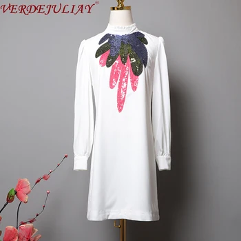 

VERDEJULIAY 2020 Runway Designer AutumnDress Women's Long Sleeve Luxury Sequin Flower Casual White Elegant Dress Vestidos
