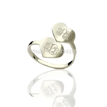 

AILIN Sterling Silver Monogram Rings Customized 3 Monogrammed Initials In 1 Heart Rings Personalized Double Hearts Love Ring
