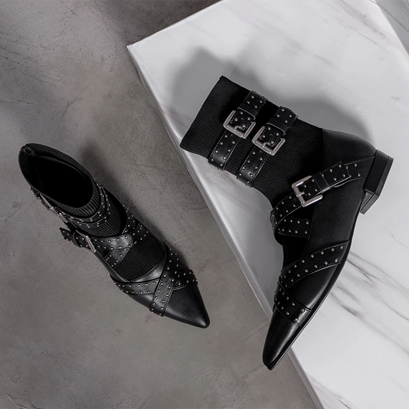 

2019 autumn and winter new pointed rivet booties women's knitted elastic boots belt buckle ladies boots