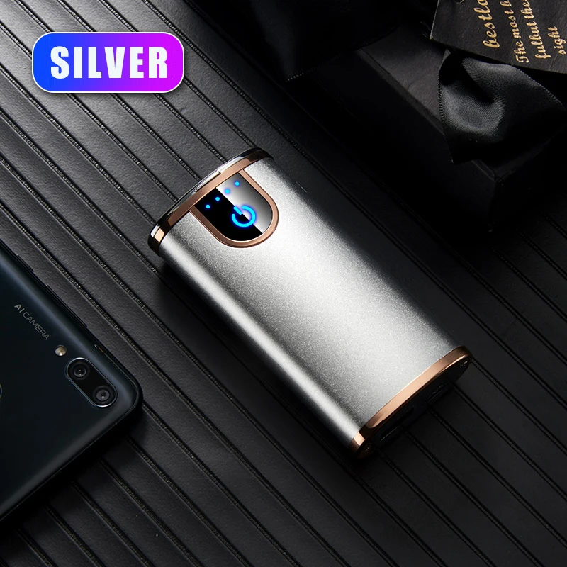 Lighter Rechargeable Windproof Cigarette Dual USB Electric Lighter Flameless Electronic Gadgets LED Spotlight Portable Charger - Цвет: Silver