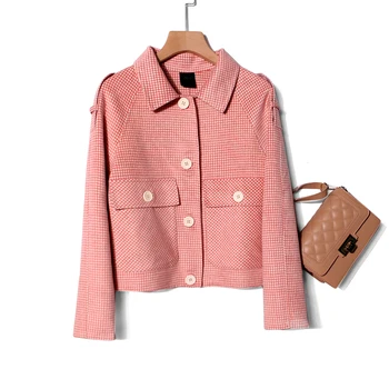 

Autumn and winter style Wool Coat Women High Quality Classic Plaid Coat Pink Coat Tooling Loose Short Wool Double-Sided Coat