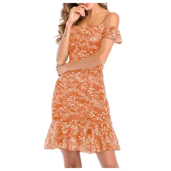 

Summer Camisole Floral Printed High Waist Mini Dresses Women's Off Shoulder Ruffled Boho Dress Ladies Beach Dresses #20