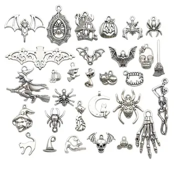 

60 pcs Silver Plated Charms DIY Necklace Bracelet Pendants Halloween Pumpkin Head Bat Witch Skeleton Cat for Jewelry Making