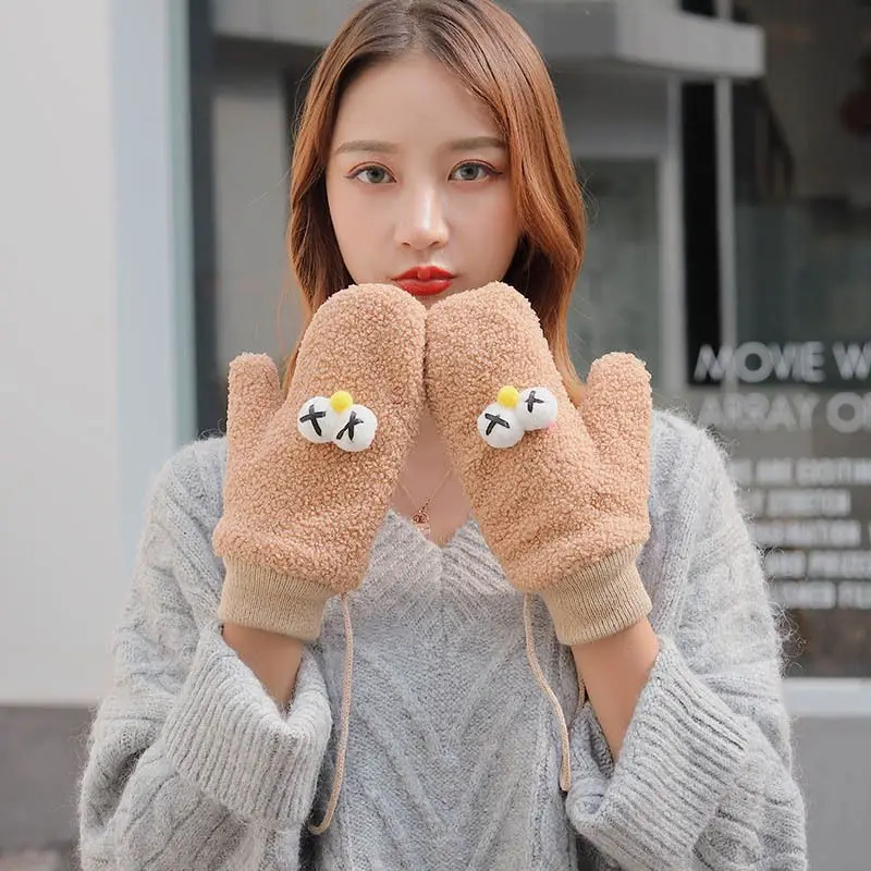 Женские осенние зимние милые перчатки, Мультяшные глаза, веревки, имитация кашемировые перчатки, теплые перчатки
