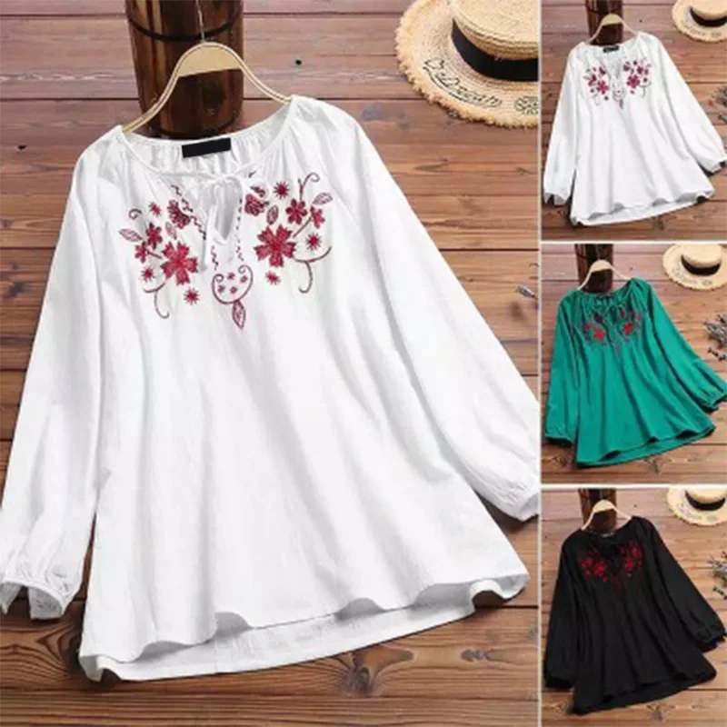  Women Vintage Embroidery Floral Shirt Blouse Spring Autumn V Neck Long Sleeve Ladies Tops Blouses P