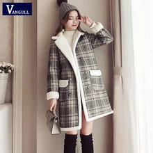 Vangull/женские бархатные куртки, пальто, зимняя двубортная верхняя одежда в клетку, новинка года, повседневные теплые толстые шерстяные длинные пальто с длинным рукавом