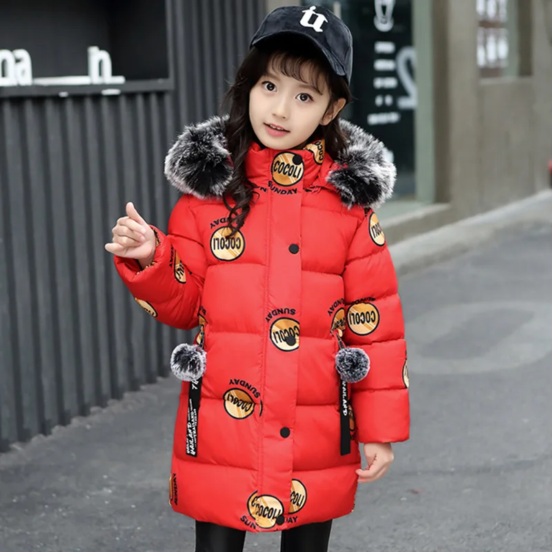 Baby winter new girl down jacket children letter printing thick warm cotton coat girl baby big fur collarcotton hoodedlong coat