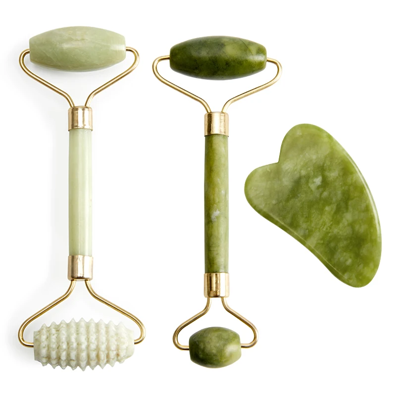 Rodillo masajeador Facial Gua Sha, rascador de doble cabeza, piedra de Jade, Estiramiento Facial de belleza para delgazar, masajeador para cara y cuello, elevación fina
