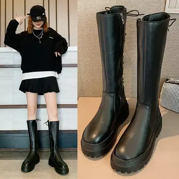 

Knights' boots women's high top fall winter 2020 new British style versatile flat bottomed boots with back lace up leather