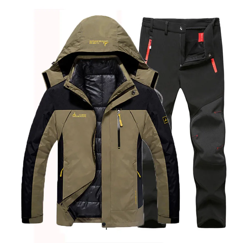 Khaki Black Suit Более размера d мужские зимние водонепроницаемые треккинговые походные лагеря лыжные ползунки теплые плюс размер 3 в 1 хлопковые уличные куртки 6XL брюки костюм - Цвет: Khaki Black Suit