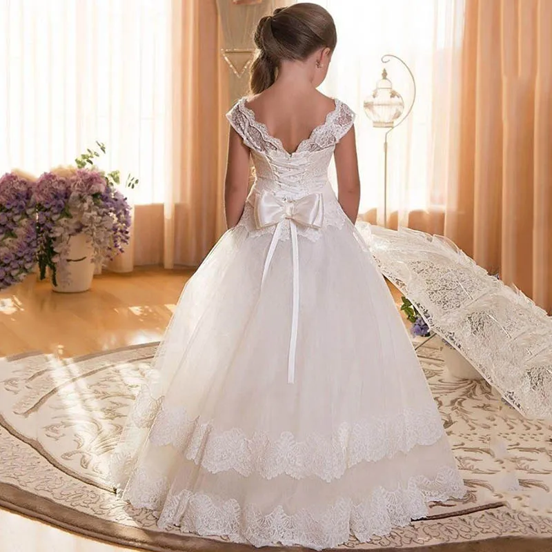 

2019 Girl lace party princess birthday dress girl wedding dress flower first communion dress baby girl clothes costume LP-207