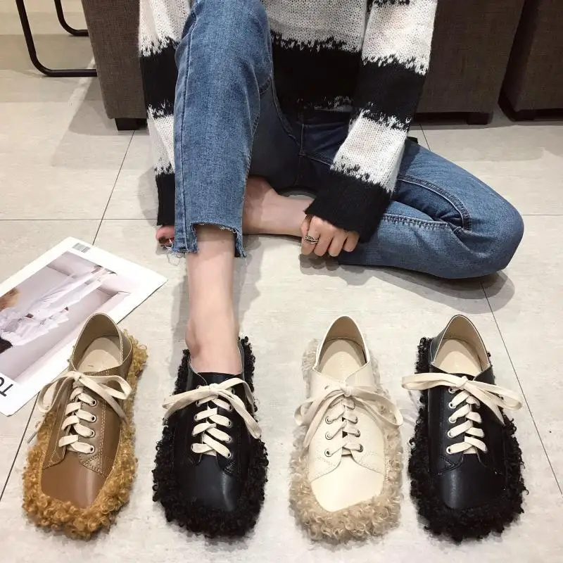 

2019 Women Shoes Casual Female Sneakers Modis Autumn Square Toe Loafers Fur Mixed Colors Dress Nurse Cute Fall New Cross