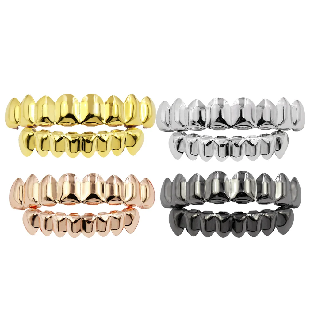 18k Gold Plated Hip Hop Teeth Grils Top & Bottom 8 Grill Set Halloween