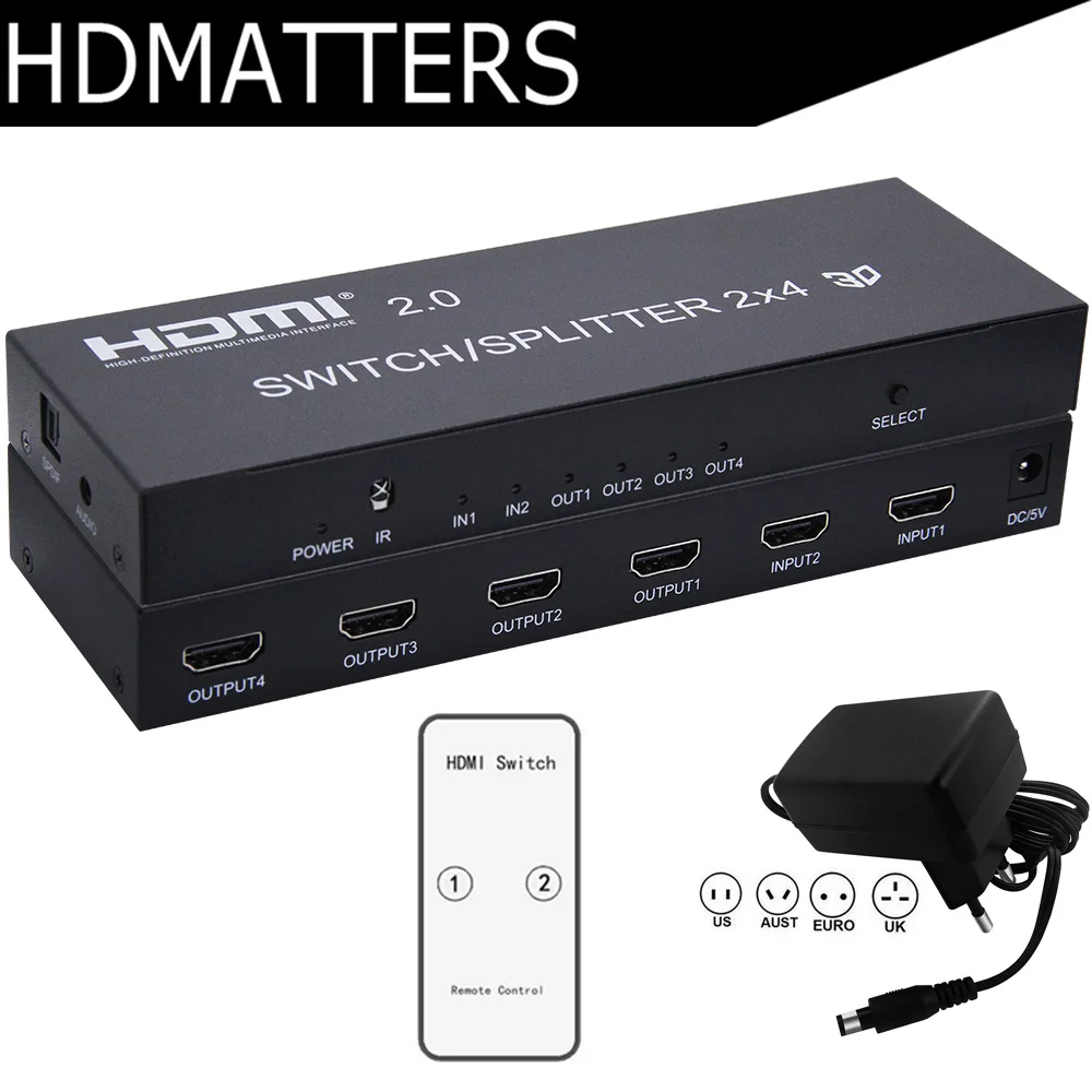 

HDMI 2.0 Splitter Switcher 2X4 Switch Splitter with digital audio HDMI 2 in 4 out not HDMI Matrix 2X4 HDMI 1.4B 4kX2K 30hz 3D
