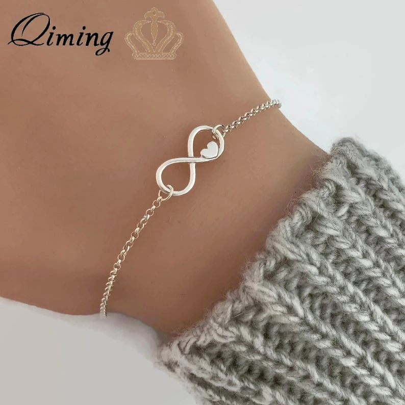 QIMING Infinity Heart Bracelet For Women Gold Silver Lucky Number Friendship Bracelets Bangles Bridesmaid Collars Dropship