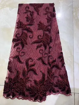 

Wine Color African Lace Fabric 2020 High Quality French Velvet Lace Fabric With Stones Lace Fabric For Wedding Party