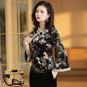 

Chinese traditional clothing 2020 spring printed lace nine-point sleeves Tang suit new cheongsam flared sleeve short coat