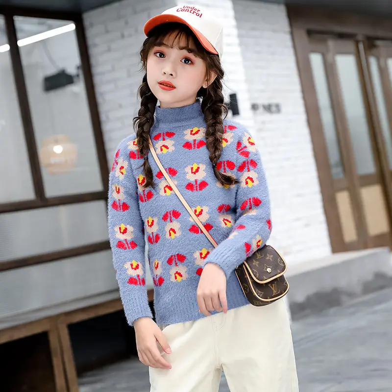 

weater Stylish Floral Spring Autumn and Winter Sweater Big Girls Long Sleeve Sweater Knitted Pullover 5-14 Years Old Teenage