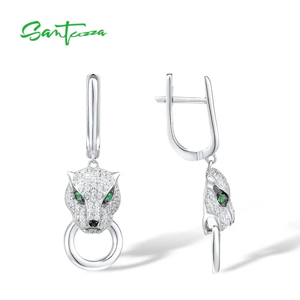 SANTUZZA Silver Earrings For Women Pure 925 Sterling Silver Dangle Panther Earrings Long Cubic Zirconia brincos Fine Jewelry