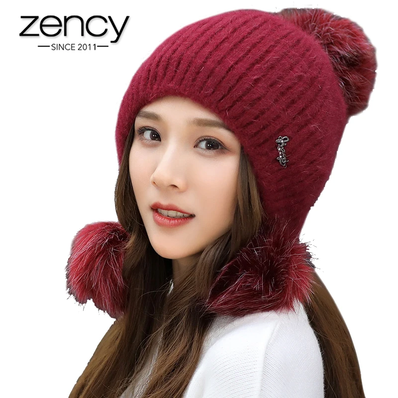 

Zency Elegant Women Knitted Cap Soft Rabbit Fur Daily Casual Hat Anti-wind Thick Warm Caps Cute Hairballs Outdoor Skiing Sets