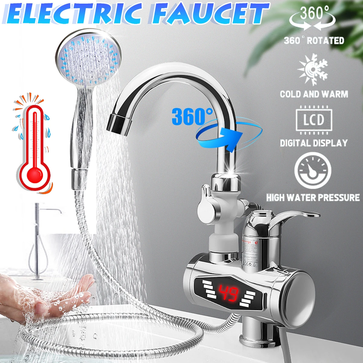 Grifo con calentador de agua de acero inoxidable, 3000W, con cabezal de ducha, 3S, calentamiento rápido, agua caliente instantánea para cocina y baño